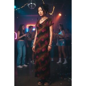 VINTAGE 90s Y2K Metallic Cowl Midi Dress Animal Tiger Rose Glam 7 / 8 Coquette